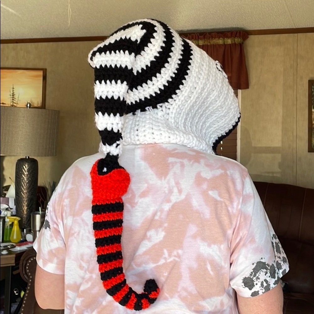Handmade, crocheted Jack Skellington Hood.  Pattern by Natalie Allen